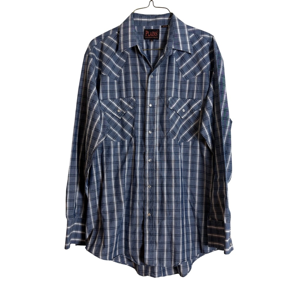 Plains Western Wear Mens Blue Plaid Pearl Snap Shirt Medium
